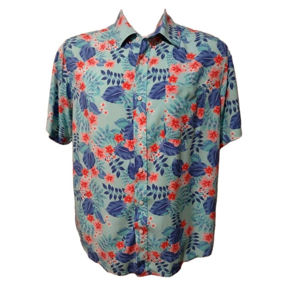 Hawaiian Men's Shirt Adult Size Large Floral Collared‎ Button Up Rayon Blue Leaf